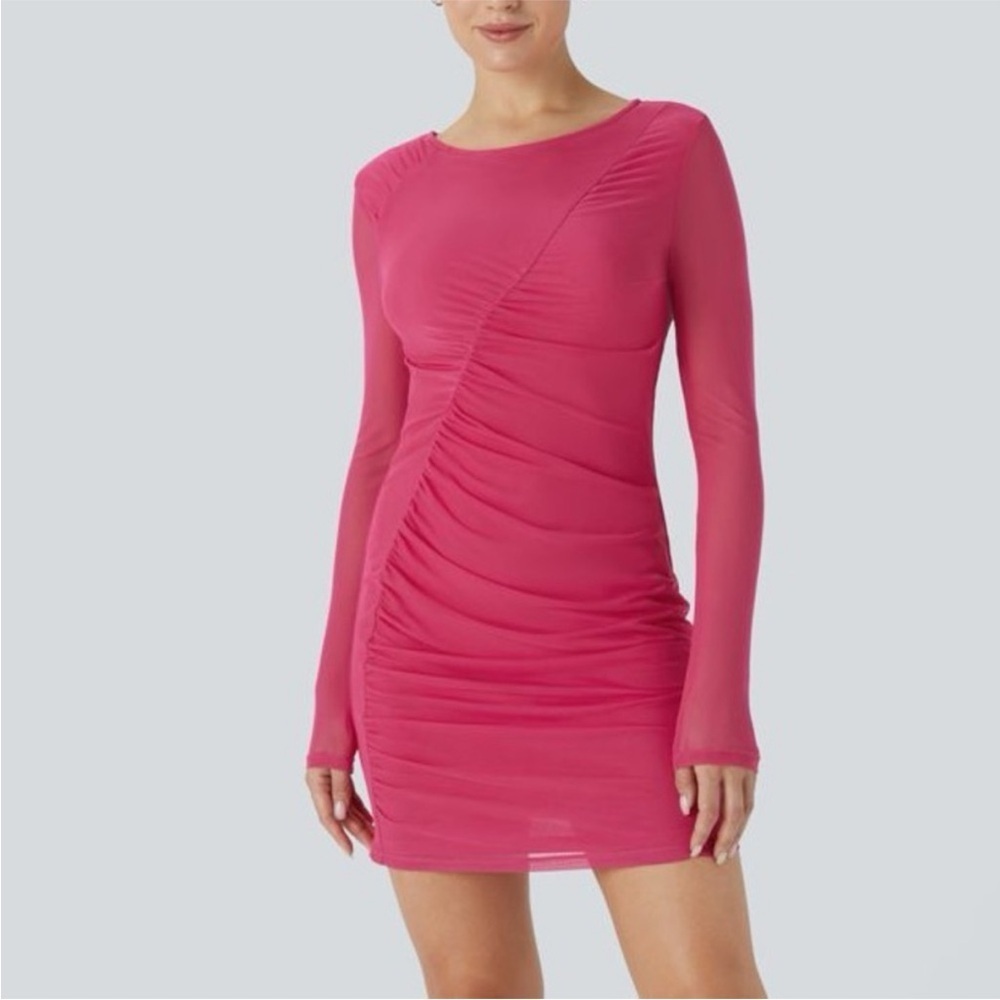 NWOT Halara Sheer Pink Long Sleeve Ruched Party Wedding Guest Dress Small